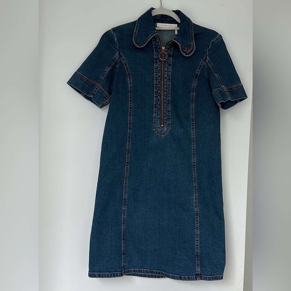 See by Chloé Dark Wash Denim Zip Front Mini Dress